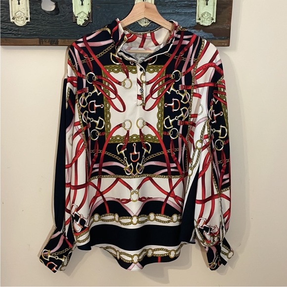 Zara Equestrian Chains and Harness Print Blouse Size Large - Picture 11 of 15